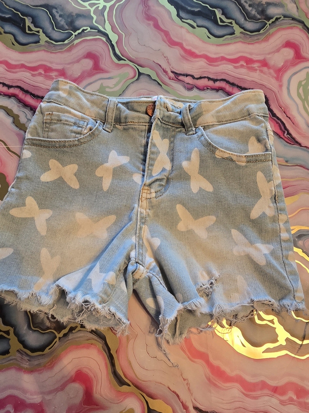 Light Blue Butterfly Print Denim Shorts - Girl